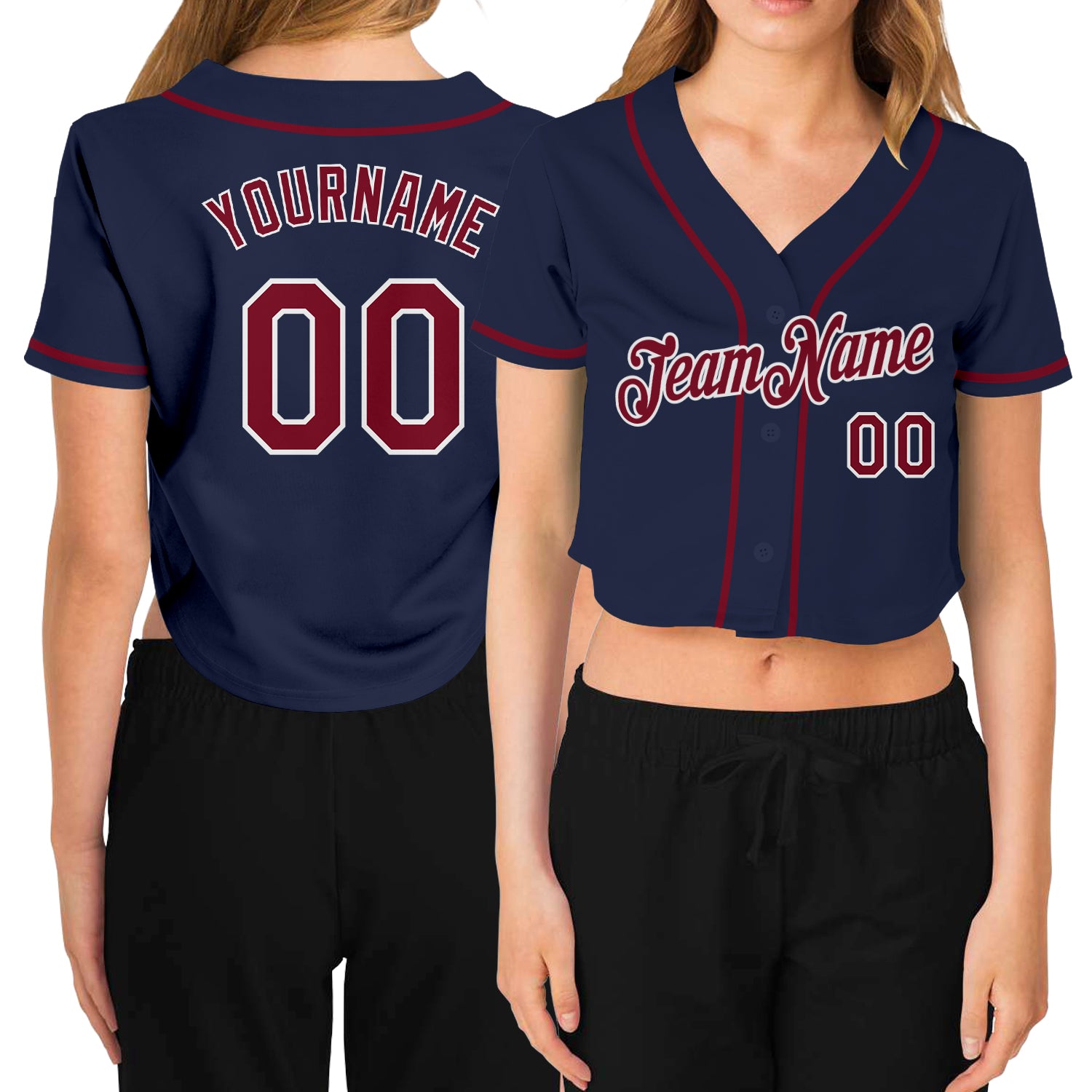 Custom Womens Navy Crimson-White V-Neck Cropped Jersey for Baseball Custom Women's Navy Crimson-White V-Neck Cropped Baseball