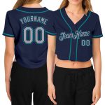 Custom Womens V-Neck Cropped Baseball Jersey in Navy and Aqua Custom Women's Navy Gary-Aqua V-Neck Cropped Baseball Jersey