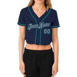 Custom Womens V-Neck Cropped Baseball Jersey in Navy and Aqua Custom Women's Navy Gary-Aqua V-Neck Cropped Baseball Jersey - Image 2