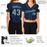 Custom Womens V-Neck Cropped Baseball Jersey in Navy and Aqua Custom Women's Navy Gary-Aqua V-Neck Cropped Baseball Jersey - Image 3
