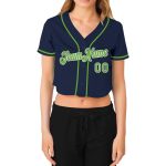 Custom Womens V-Neck Cropped Baseball Jersey in Navy Neon Green and White Custom Women's Navy Neon Green-White V-Neck Cropped - Image 2