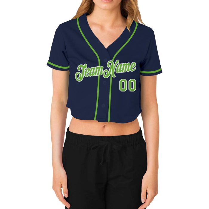Custom Womens V-Neck Cropped Baseball Jersey in Navy Neon Green and White Custom Women's Navy Neon Green-White V-Neck Cropped - Image 2