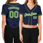 Custom Womens V-Neck Cropped Baseball Jersey in Navy Neon Green and White Custom Women's Navy Neon Green-White V-Neck Cropped