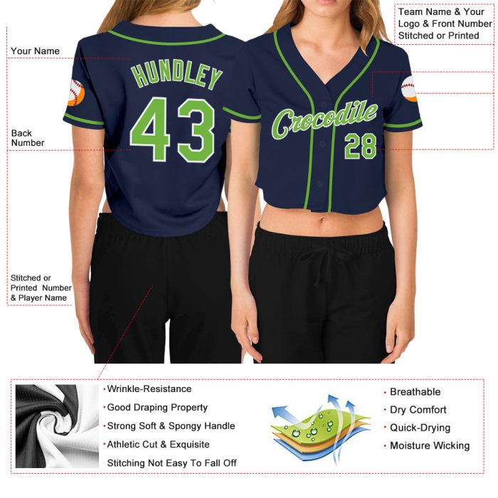 Custom Womens V-Neck Cropped Baseball Jersey in Navy Neon Green and White Custom Women's Navy Neon Green-White V-Neck Cropped - Image 3