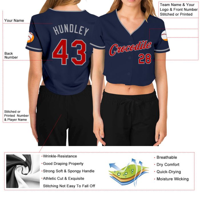 Custom Womens V-Neck Baseball Jersey - Navy Red-Gray Cropped Fit Custom Women's Navy Red-Gray V-Neck Cropped Baseball Jersey - Image 3