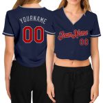 Custom Womens V-Neck Baseball Jersey - Navy Red-Gray Cropped Fit Custom Women's Navy Red-Gray V-Neck Cropped Baseball Jersey