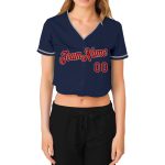 Custom Womens V-Neck Baseball Jersey - Navy Red-Gray Cropped Fit Custom Women's Navy Red-Gray V-Neck Cropped Baseball Jersey - Image 2