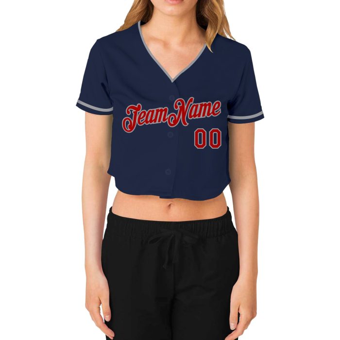 Custom Womens V-Neck Baseball Jersey - Navy Red-Gray Cropped Fit Custom Women's Navy Red-Gray V-Neck Cropped Baseball Jersey - Image 2