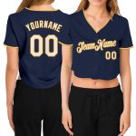 Custom Womens V-Neck Cropped Baseball Jersey in Navy and White-Gold Custom Women's Navy White-Gold V-Neck Cropped Baseball