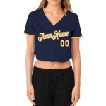 Custom Womens V-Neck Cropped Baseball Jersey in Navy and White-Gold Custom Women's Navy White-Gold V-Neck Cropped Baseball - Image 2