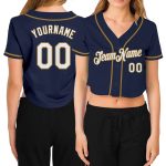 Custom Navy White Gold V-Neck Cropped Womens Baseball Jersey Custom Women's Navy White-Old Gold V-Neck Cropped Baseball Jersey