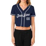 Custom Navy White V-Neck Baseball Jersey for Women - Cropped Style Custom Women's Navy White V-Neck Cropped Baseball Jersey - Image 2