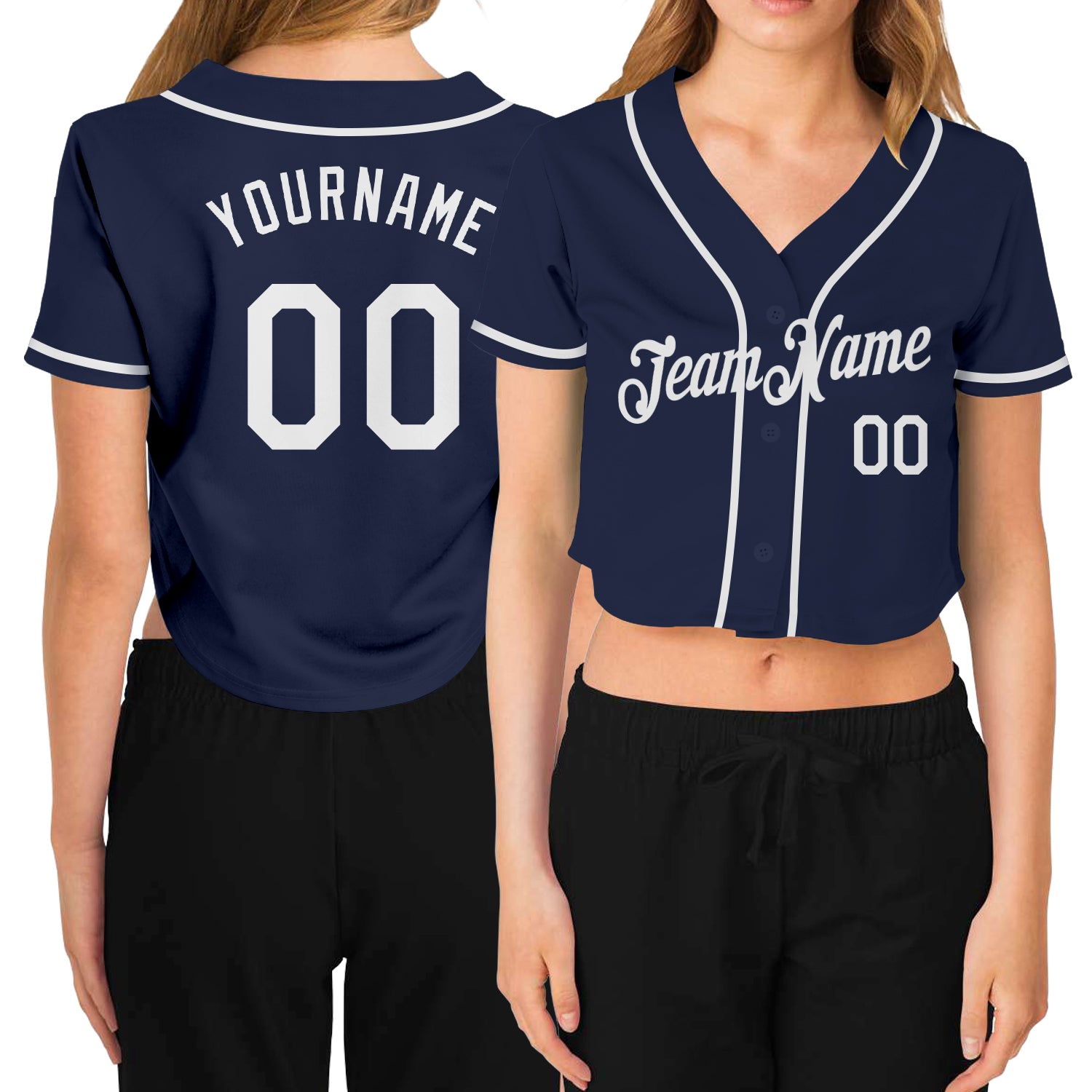 Custom Navy White V-Neck Baseball Jersey for Women - Cropped Style Custom Women's Navy White V-Neck Cropped Baseball Jersey