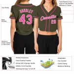 Custom Womens Salute To Service V-Neck Cropped Baseball Jersey in Olive Pink-White Custom Women's Olive Pink-White Salute - Image 3