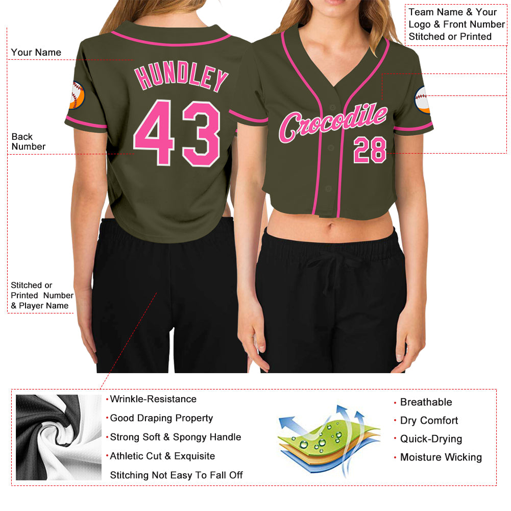 Custom Women's Olive Pink-White Salute To Service V-Neck Cropped Baseball Jersey Custom Womens Salute To Service V-Neck Cropped Baseball Jersey in Olive Pink-White Custom Women's Olive Pink-White Salute - Image 3