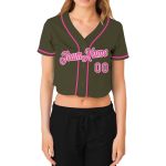 Custom Womens Salute To Service V-Neck Cropped Baseball Jersey in Olive Pink-White Custom Women's Olive Pink-White Salute - Image 2