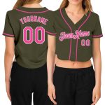 Custom Womens Salute To Service V-Neck Cropped Baseball Jersey in Olive Pink-White Custom Women's Olive Pink-White Salute