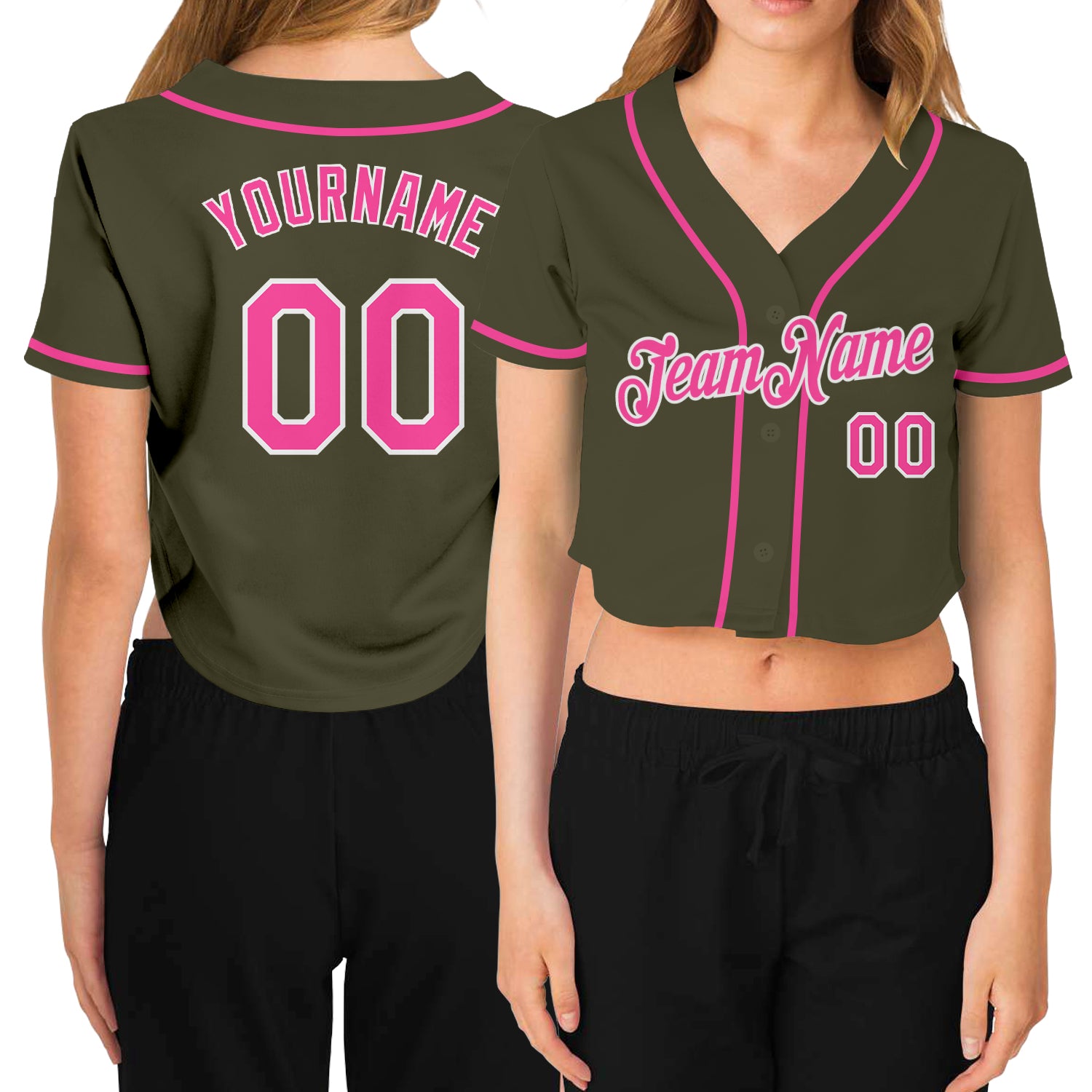 Custom Women's Olive Pink-White Salute To Service V-Neck Cropped Baseball Jersey Custom Womens Salute To Service V-Neck Cropped Baseball Jersey in Olive Pink-White Custom Women's Olive Pink-White Salute - Image 1