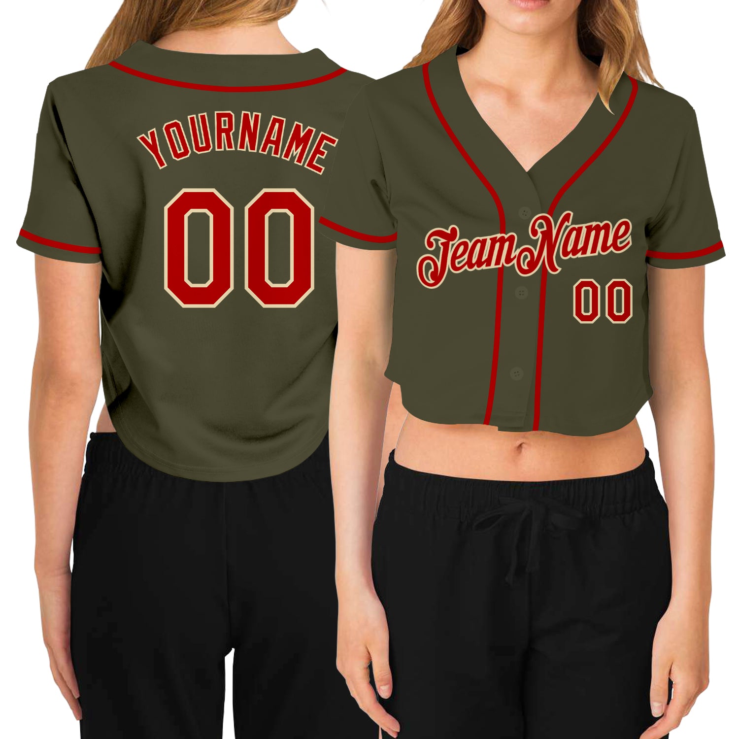 Custom Womens Olive Red Cream V-Neck Cropped Baseball Jersey - Salute To Service Custom Women's Olive Red-Cream Salute To