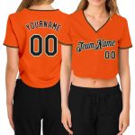Custom Womens V-Neck Baseball Jersey - Orange Black Old Gold White Cropped Design Custom Women's Orange Black Old Gold-White