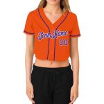 Womens Custom Orange Purple White V-Neck Cropped Baseball Jersey Custom Women's Orange Purple-White V-Neck Cropped Baseball - Image 2