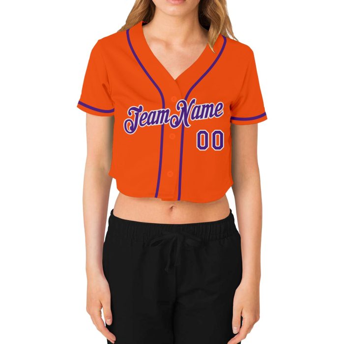 Womens Custom Orange Purple White V-Neck Cropped Baseball Jersey Custom Women's Orange Purple-White V-Neck Cropped Baseball - Image 2