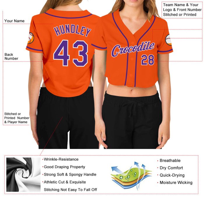 Womens Custom Orange Purple White V-Neck Cropped Baseball Jersey Custom Women's Orange Purple-White V-Neck Cropped Baseball - Image 3