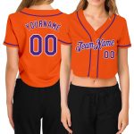 Womens Custom Orange Purple White V-Neck Cropped Baseball Jersey Custom Women's Orange Purple-White V-Neck Cropped Baseball