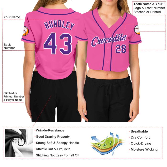 Custom Womens V-Neck Cropped Baseball Jersey in Pink Purple and White Custom Women's Pink Purple-White V-Neck Cropped Baseball - Image 3
