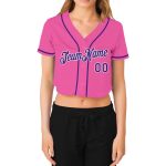 Custom Womens V-Neck Cropped Baseball Jersey in Pink Purple and White Custom Women's Pink Purple-White V-Neck Cropped Baseball - Image 2