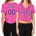 Custom Womens V-Neck Cropped Baseball Jersey in Pink Purple and White Custom Women's Pink Purple-White V-Neck Cropped Baseball