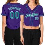 Custom Womens Purple Aqua V-Neck Cropped Baseball Jersey Custom Women's Purple Aqua-White V-Neck Cropped Baseball Jersey