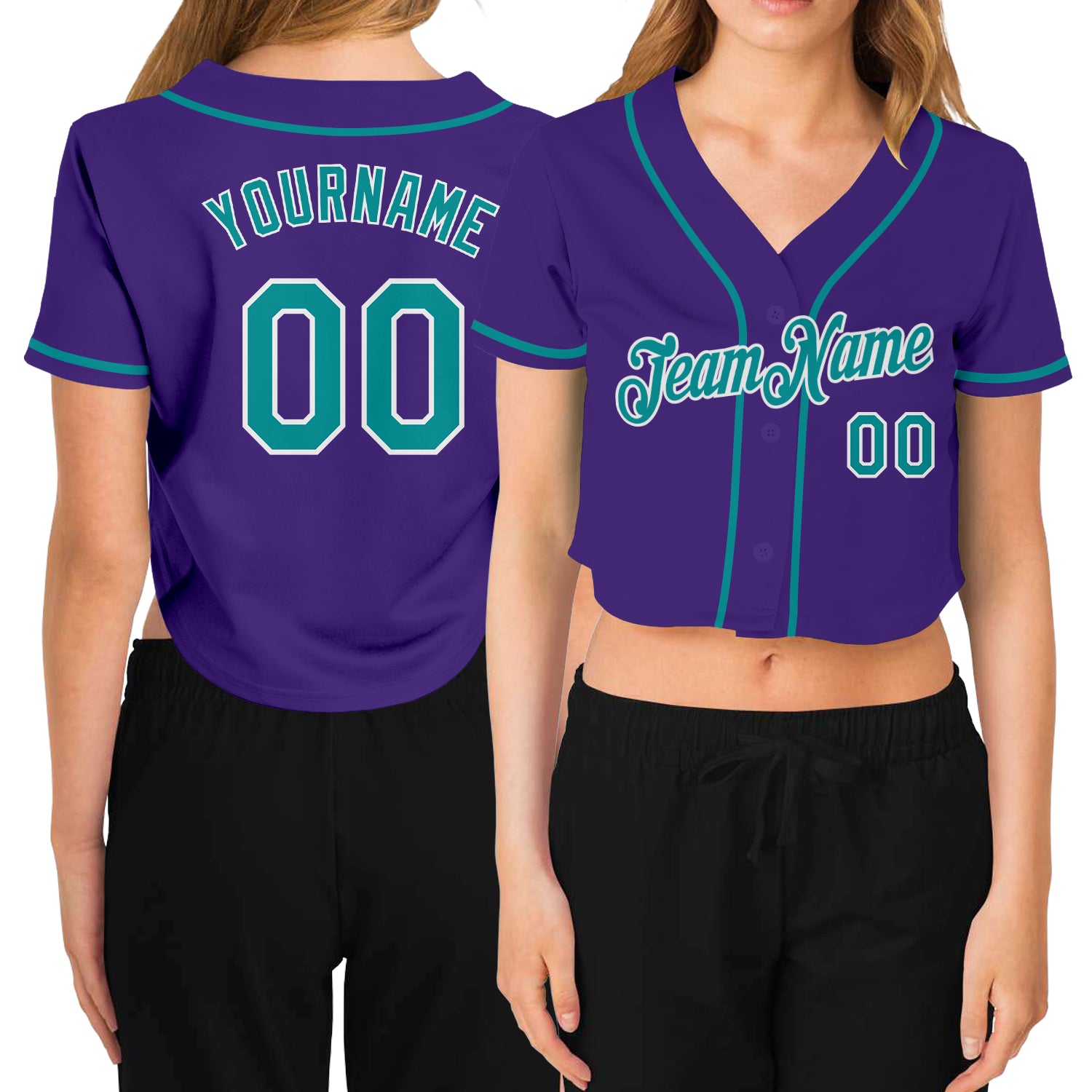 Custom Womens Purple Aqua V-Neck Cropped Baseball Jersey Custom Women's Purple Aqua-White V-Neck Cropped Baseball Jersey
