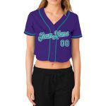 Custom Womens Purple Aqua V-Neck Cropped Baseball Jersey Custom Women's Purple Aqua-White V-Neck Cropped Baseball Jersey - Image 2