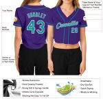 Custom Womens Purple Aqua V-Neck Cropped Baseball Jersey Custom Women's Purple Aqua-White V-Neck Cropped Baseball Jersey - Image 3