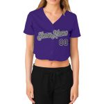 Custom Womens Purple Black Gray V-Neck Cropped Baseball Jersey Custom Women's Purple Black White-Gray V-Neck Cropped Baseball - Image 2