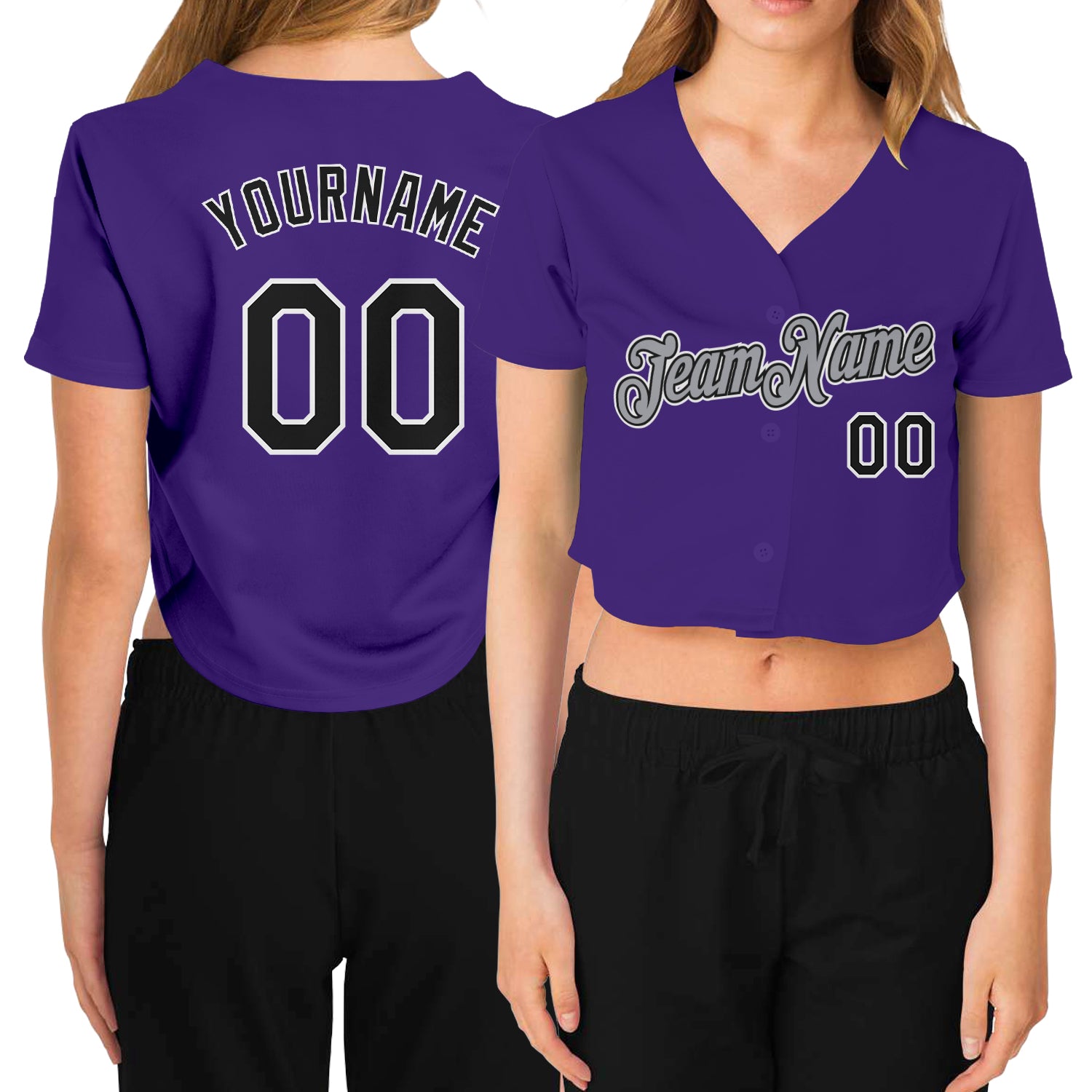 Custom Womens Purple Black Gray V-Neck Cropped Baseball Jersey Custom Women's Purple Black White-Gray V-Neck Cropped Baseball