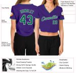 Custom Womens V-Neck Baseball Jersey in Purple Kelly Green and White, Cropped Style Custom Women's Purple Kelly Green-White - Image 3