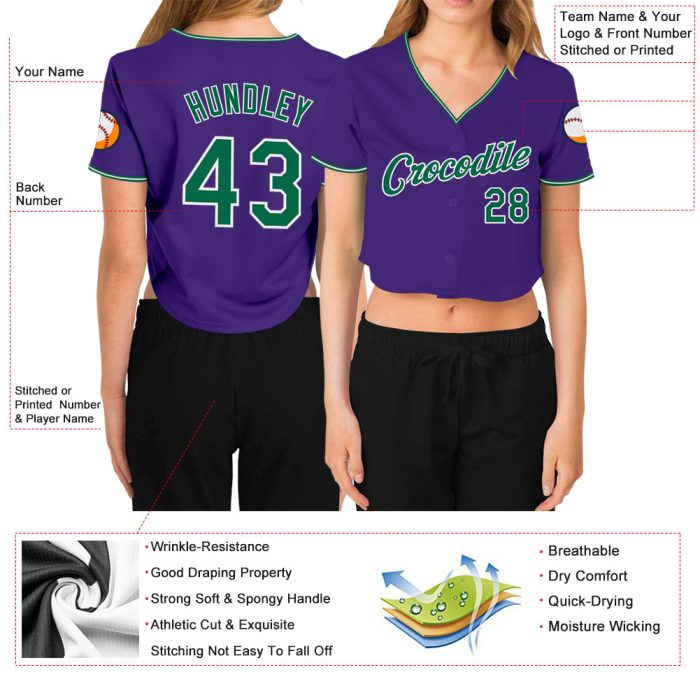 Custom Womens V-Neck Baseball Jersey in Purple Kelly Green and White, Cropped Style Custom Women's Purple Kelly Green-White - Image 3