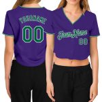 Custom Womens V-Neck Baseball Jersey in Purple Kelly Green and White, Cropped Style Custom Women's Purple Kelly Green-White