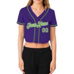Custom Womens V-Neck Cropped Baseball Jersey in Purple Neon Green and White Custom Women's Purple Neon Green-White V-Neck - Image 2