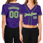 Custom Womens V-Neck Cropped Baseball Jersey in Purple Neon Green and White Custom Women's Purple Neon Green-White V-Neck