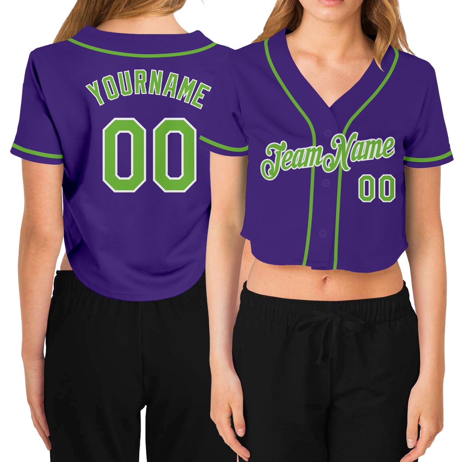 Custom Womens V-Neck Cropped Baseball Jersey in Purple Neon Green and White Custom Women's Purple Neon Green-White V-Neck