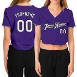 Custom Purple White Black Womens V-Neck Cropped Baseball Jersey Custom Women's Purple White-Black V-Neck Cropped Baseball