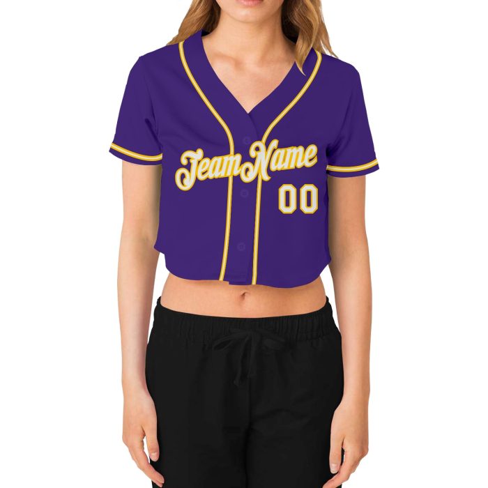 Custom Womens Purple White Gold V-Neck Cropped Jersey for Baseball Custom Women's Purple White-Gold V-Neck Cropped Baseball - Image 2