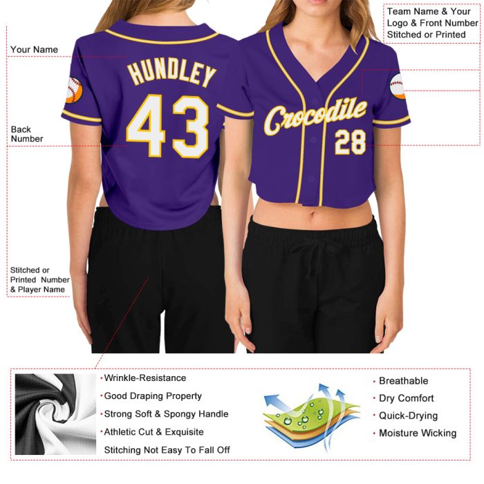 Custom Womens Purple White Gold V-Neck Cropped Jersey for Baseball Custom Women's Purple White-Gold V-Neck Cropped Baseball - Image 3