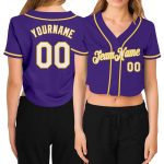 Custom Womens Purple White Gold V-Neck Cropped Jersey for Baseball Custom Women's Purple White-Gold V-Neck Cropped Baseball