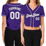 Custom Purple White-Gray V-Neck Cropped Baseball Jersey for Women Custom Women's Purple White-Gray V-Neck Cropped Baseball
