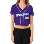 Custom Womens V-Neck Cropped Baseball Jersey in Purple and Light Blue Custom Women's Purple White-Light Blue V-Neck Cropped - Image 2