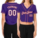 Custom Womens Purple Red White V-Neck Baseball Cropped Jersey Custom Women's Purple White-Red V-Neck Cropped Baseball Jersey